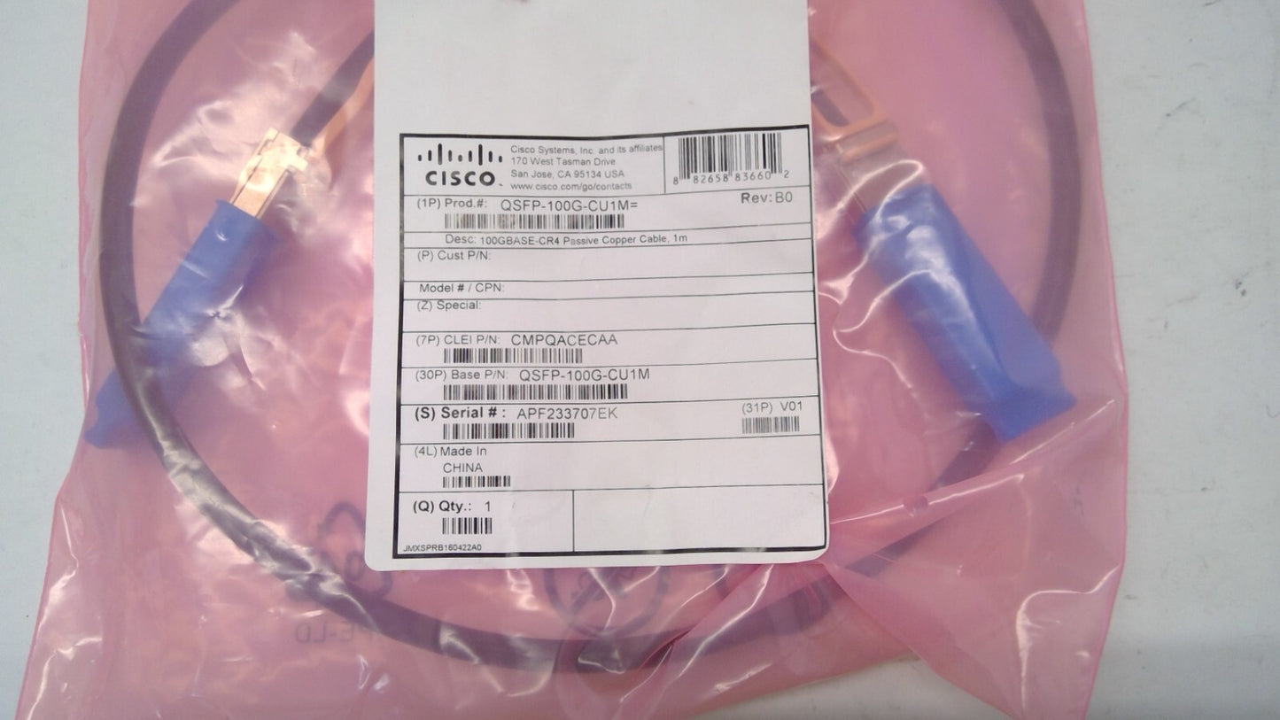 Cisco QSFP-100G-CU1M V01 Passive Copper 1M Cable 37-1666-01