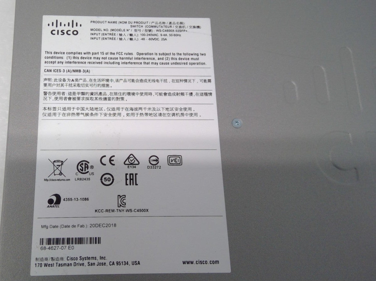 Cisco Catalyst WS-C4500X-32SFP+ 4500-X 40x 10GbE SFP+ Port Ethernet Switch