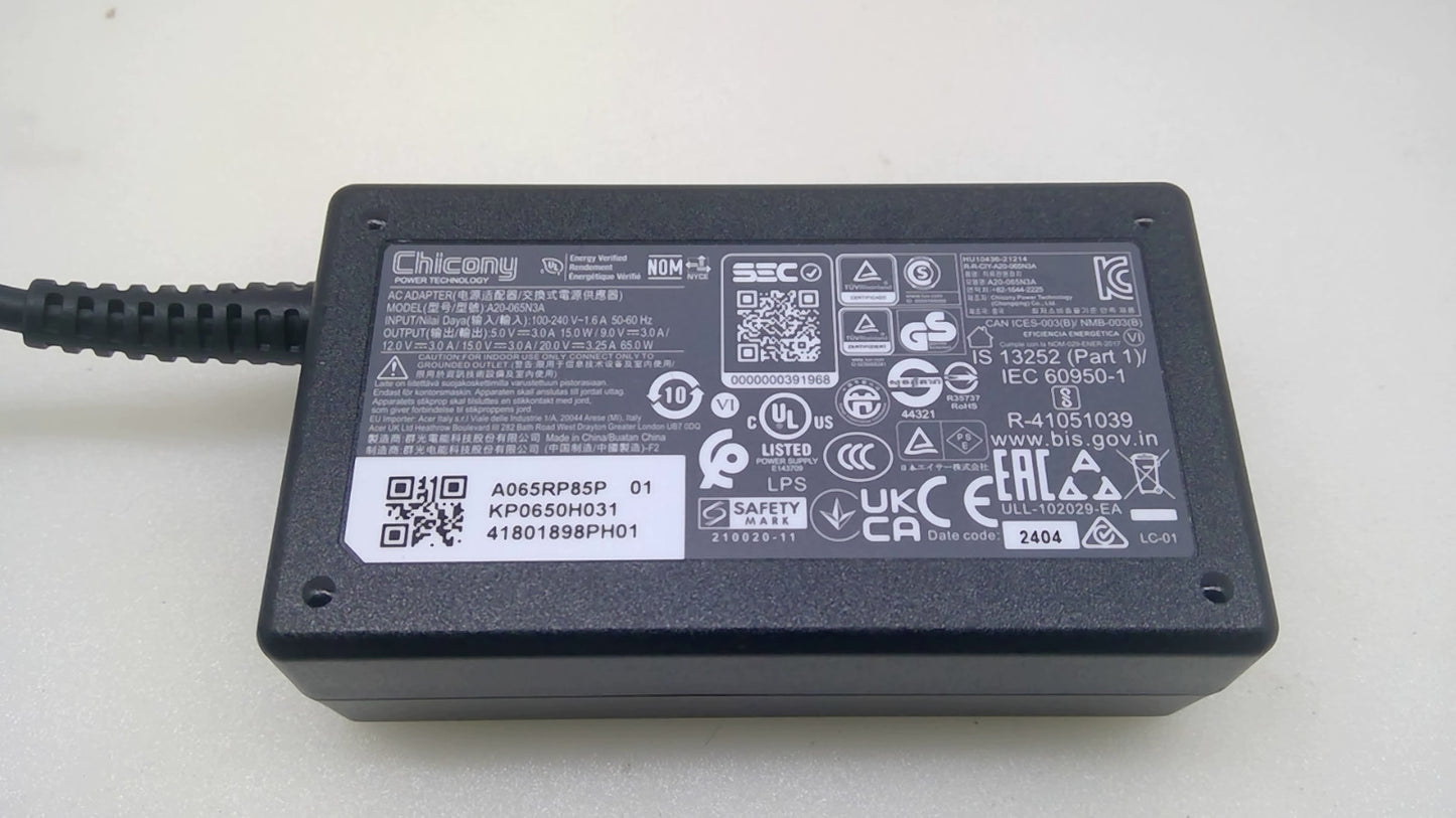 Chicony A20-065N3A 65W USB-C Type-C Charger for Acer LG MSI Laptop Chromebook