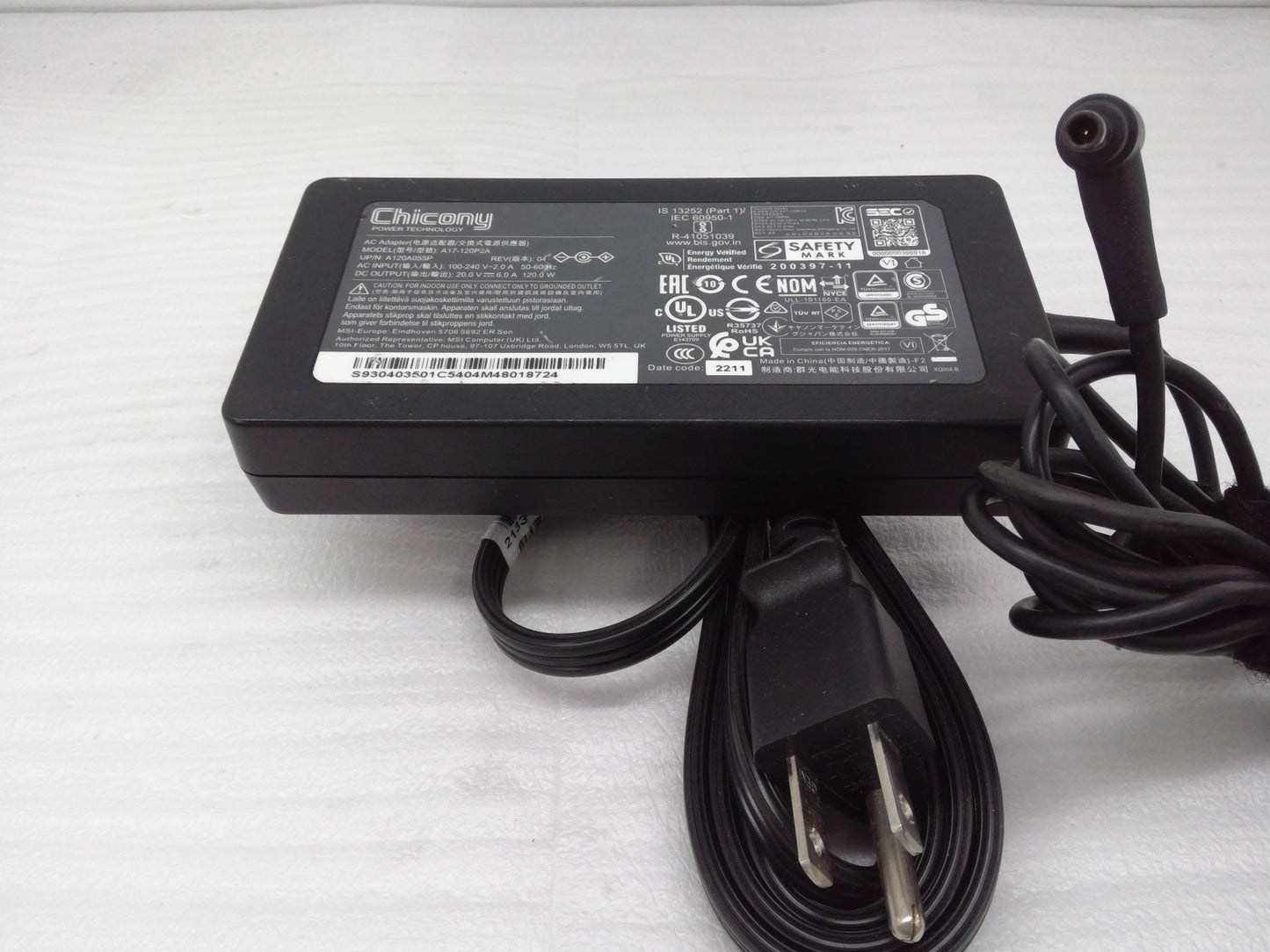 Chicony 20V 120W Charger Adapter for MSI GF63 Thin 11UC-1246US A17-120P2A 4.5mm