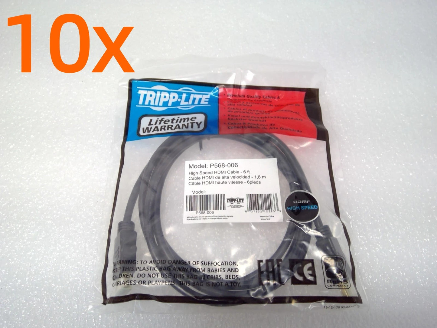 Lot of 10 TRIPP LITE High-Speed HDMI Cable - 6ft - Model: P568-006