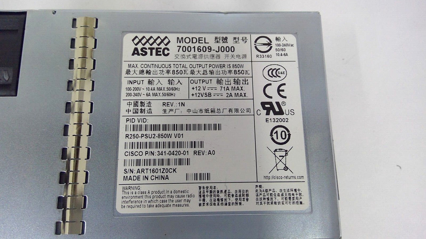 ASTEC 7001609-J000 R250-PSU2-850W Cisco p/n:- 341-0420-01, 850W Power Supply