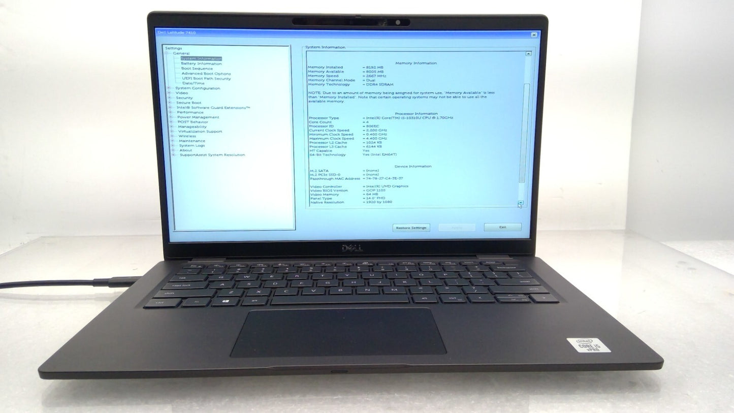 *Read* Latitude 7410 i5-10310U 1.70GHz 16GB RAM 256 SSD *NO SSD/NO Battery