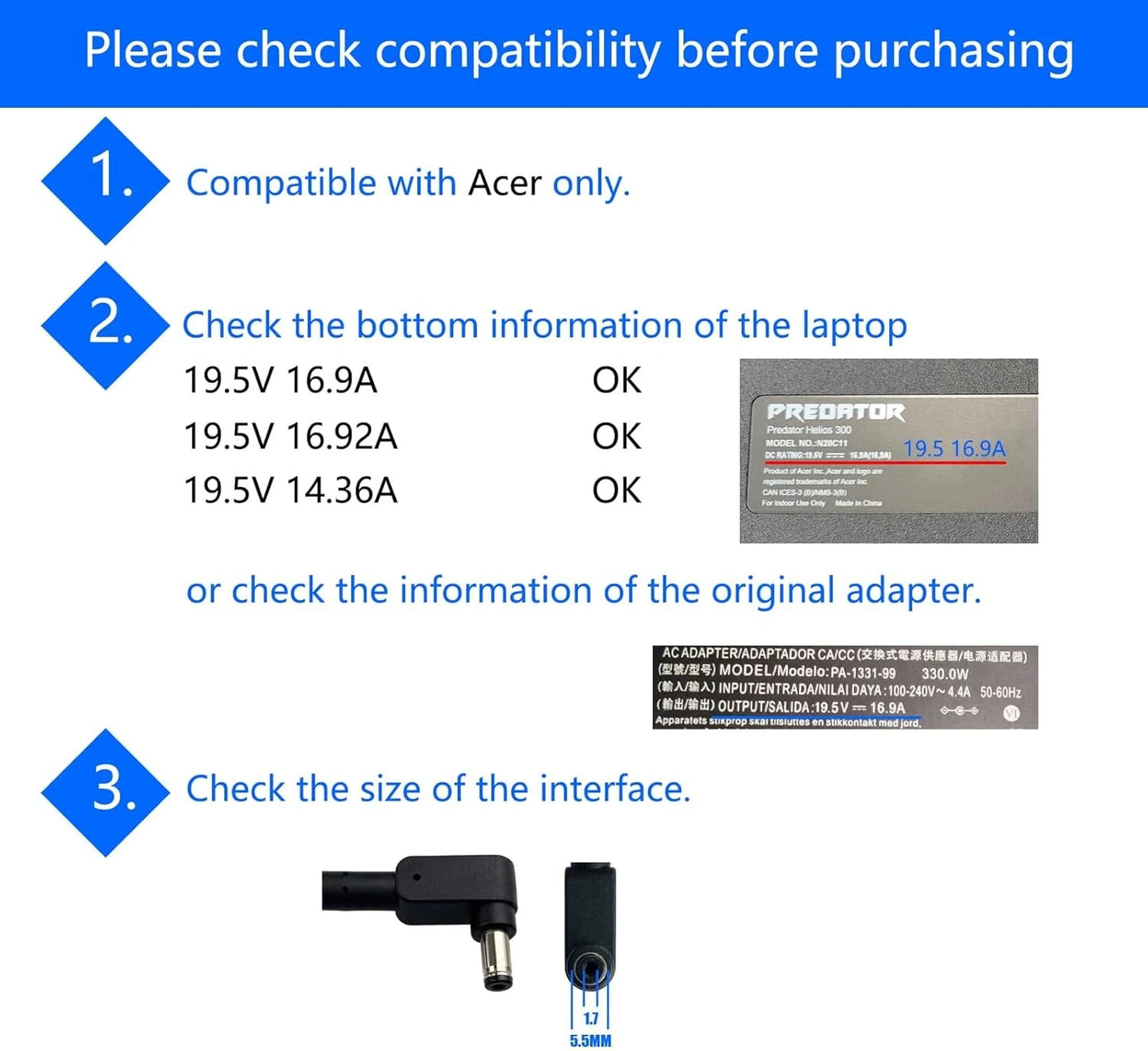 Chicony 16.92A 330W AC Adapter A20-330P1A  Acer Predator Helios 18 PH18-72-90C9