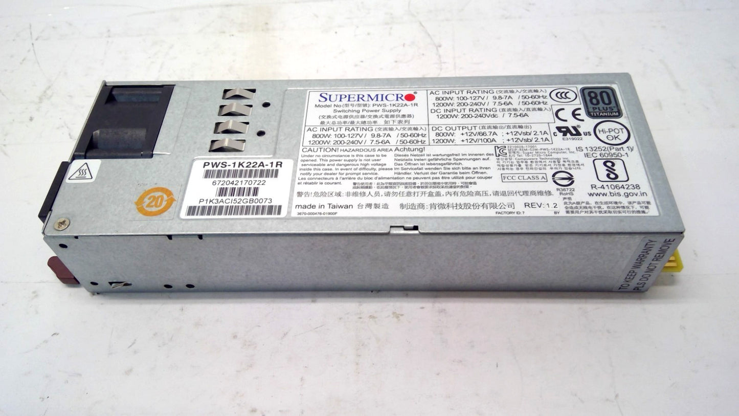 Supermicro PWS-1K22A-1R Power Supply 1U 1200W 80 Plus Titanium