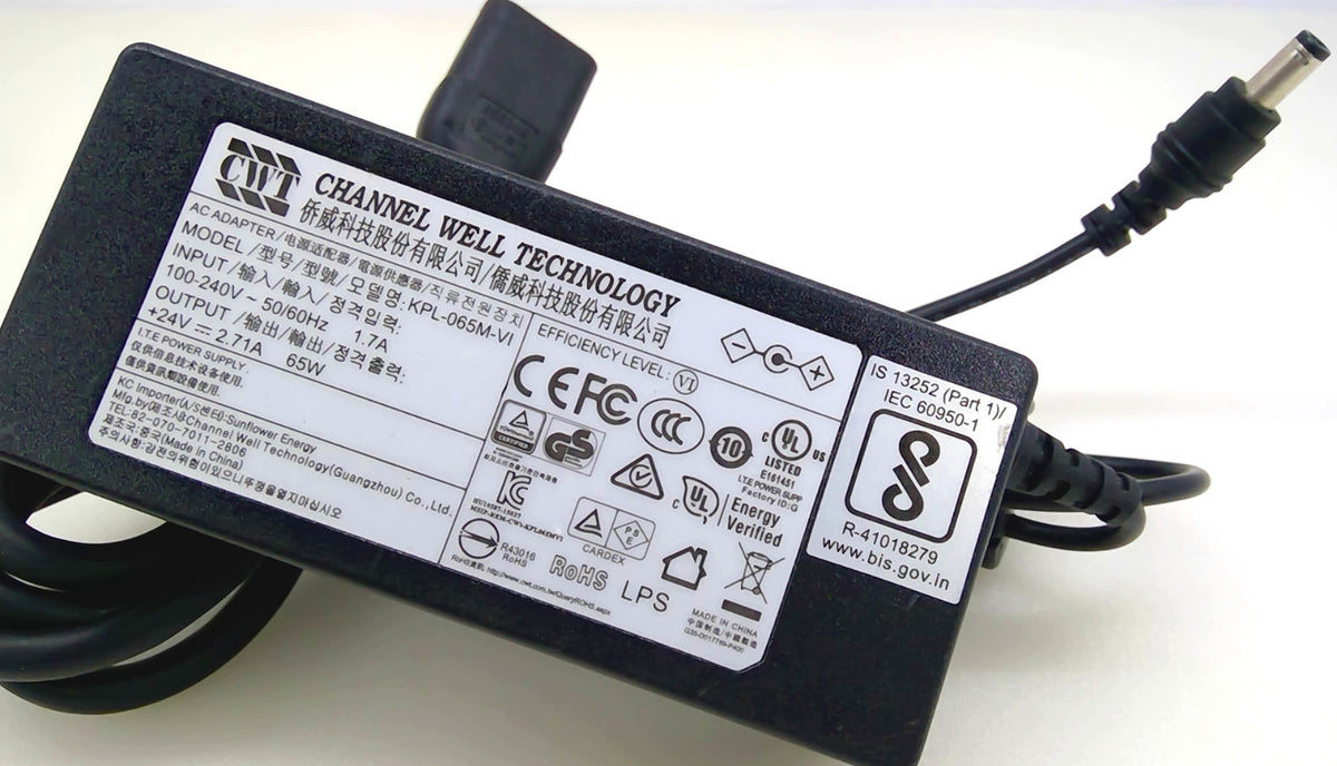 Genuine CWT KPL-065M-VI 24V 2.71A 65W AC Adapter for Evolis Primacy Badgy