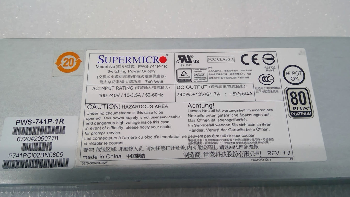 SuperMicro Albecom PWS-741P-1R 740WATT 1U 80+ PLATINUM 1xFAN HOT-SWAP