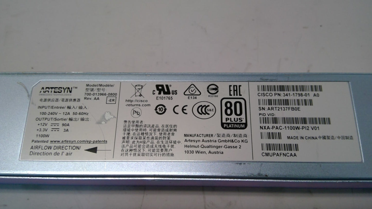 Cisco Artesyn NXA-PAC-1100W-PI2 1100w Nexus AC Port Side Intake PSU 341-1798-01