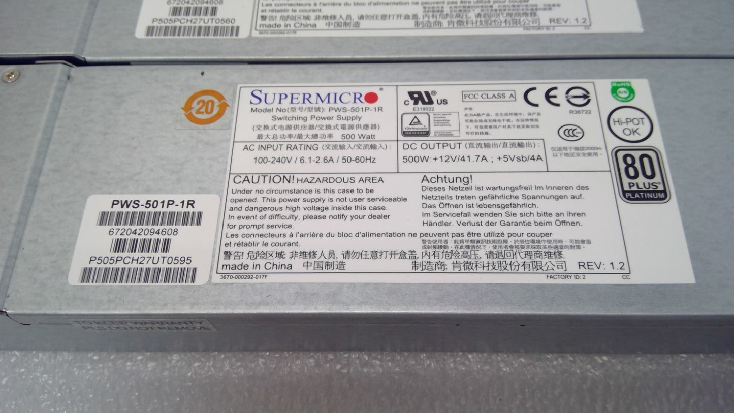 LOT OF 2 SuperMicro PWS-501P-1R 80 Plus Platinum 500W Redundant Power Supply