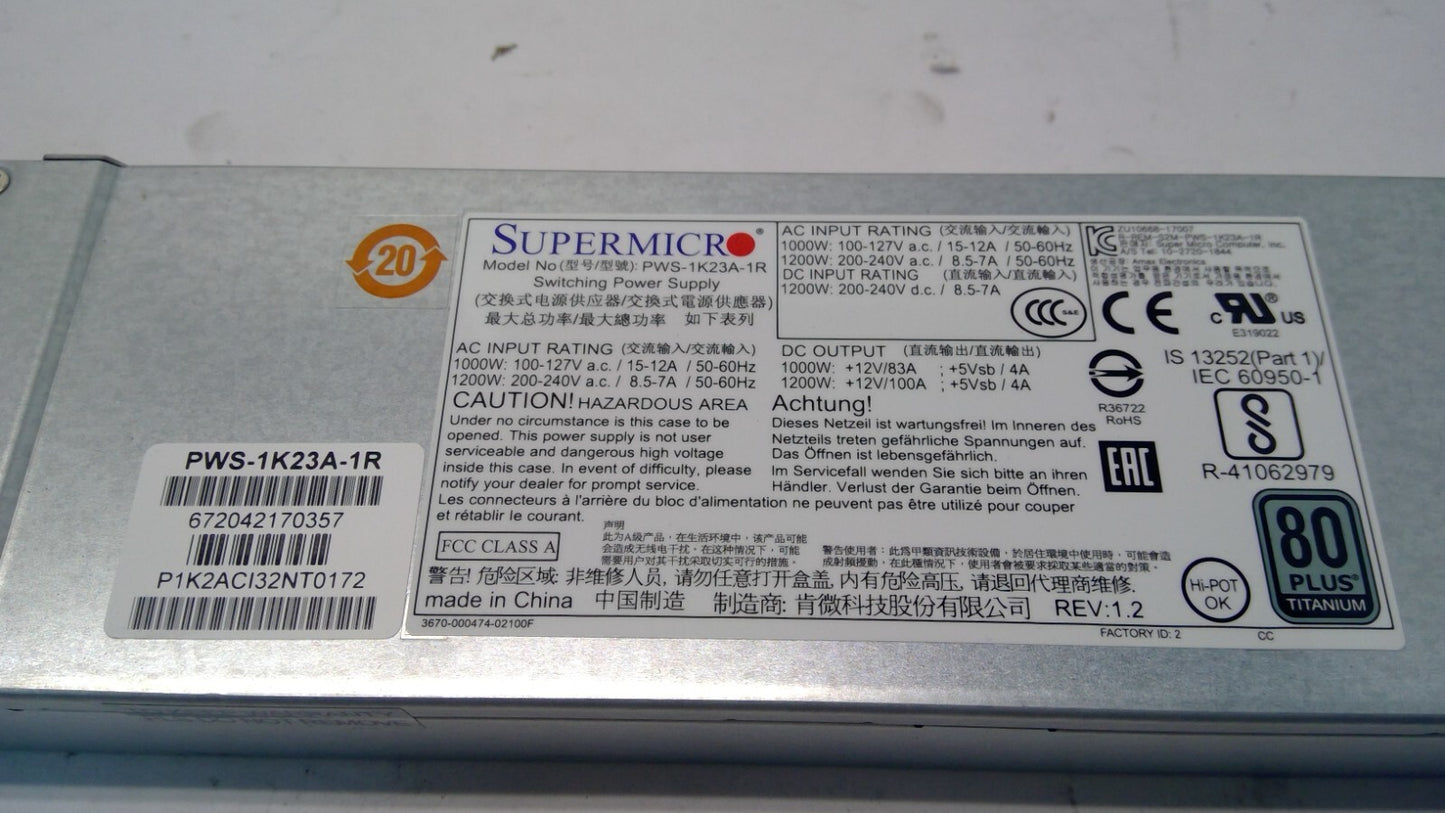 Supermicro 1200W 80Plus Titanium Power Supply PWS-1K23A-1R