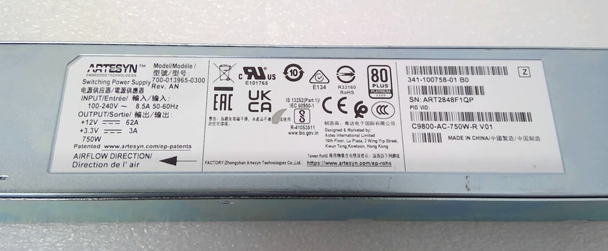 Cisco C9800-AC-750W-R Catalyst 9800 WLC 750W AC Power Supply Reverse Air PSU