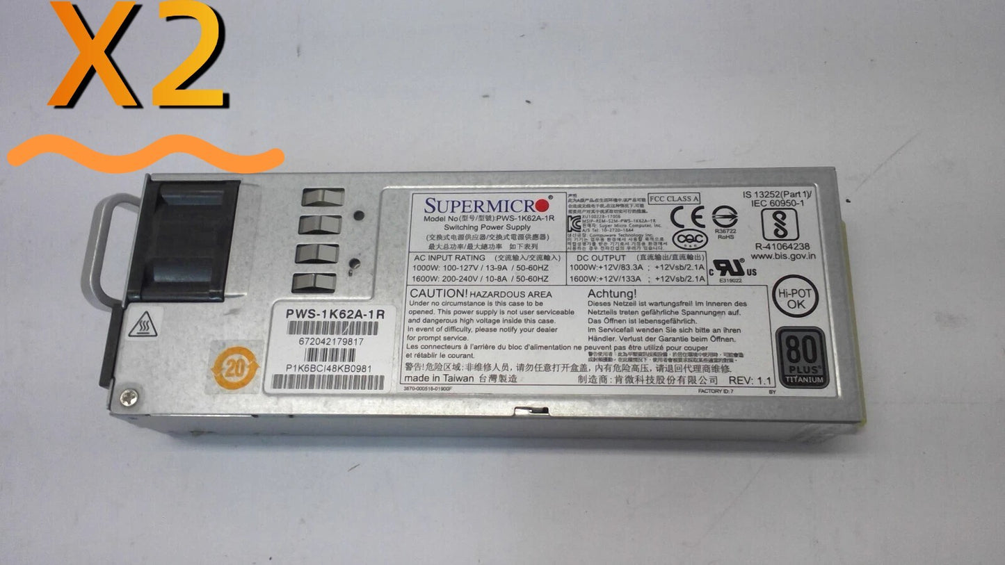 *LOT OF 2*Supermicro 1000W/1600W 1U Redundant Power Supply PWS-1K62A-1R