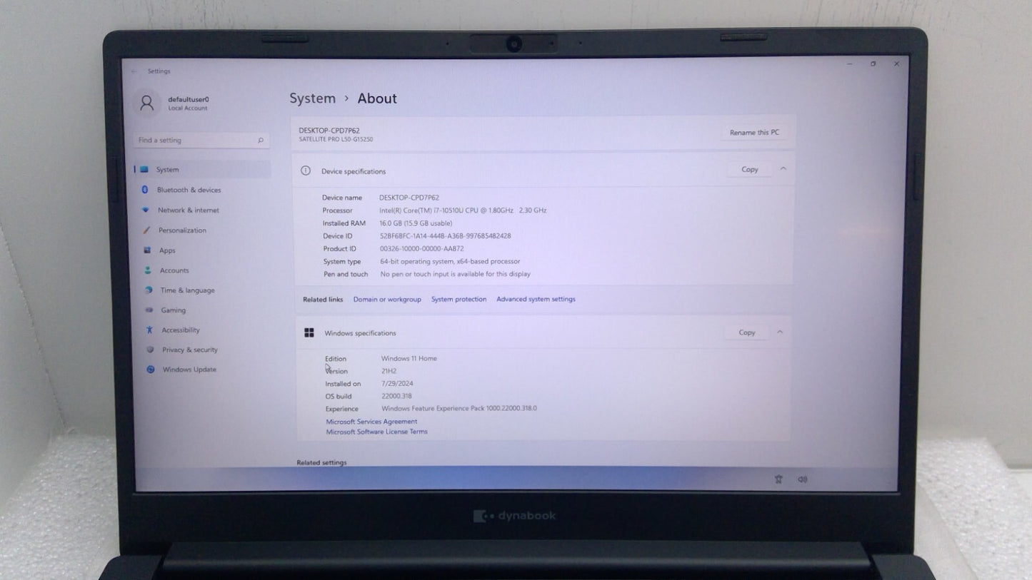 Toshiba Satellite Pro L50-G15250 15.6"LT i7-10510U@1.8GHz 16G RAM 256G SSD MX250