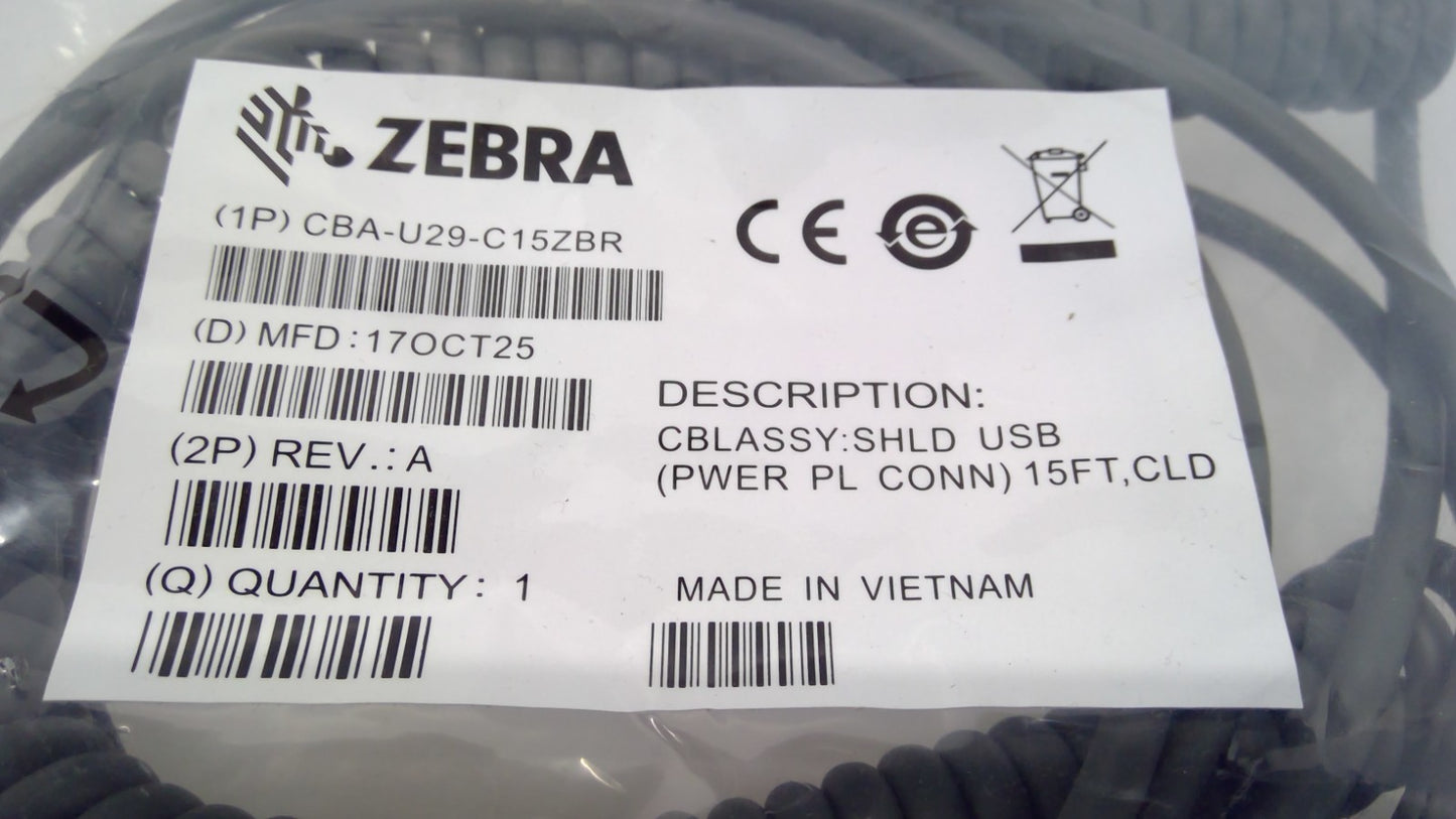 LOT OF 2 NEW Zebra CBA-U29-C15ZBR 15ft SHLD USB Data Cable