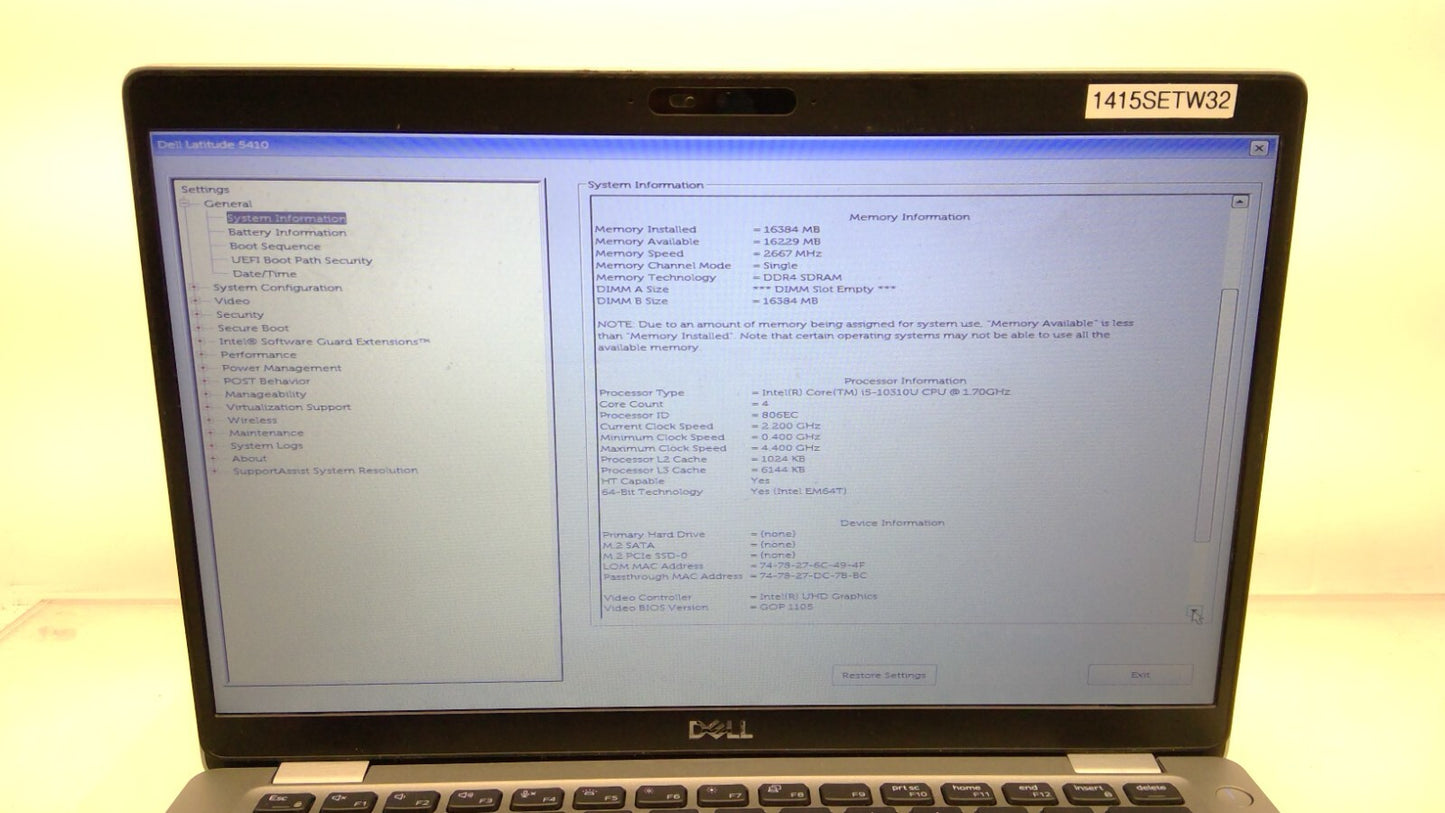 *Read* Dell Latitude 5410 14" i5-10310U@1.7GHz 16G RAM (No HDD/Cover/Battery)B13