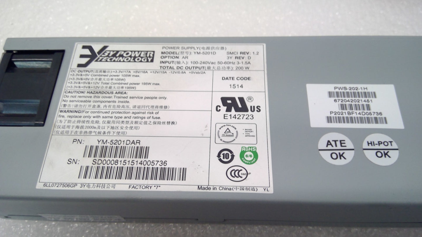 3Y Power Technology YM-5201D AR 200W Supermicro PWS-202-1H Server Power Supply
