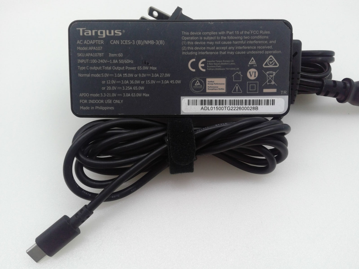 Targus AC Adapter 65W USB-C Laptop Tablet Phone Charger APA107