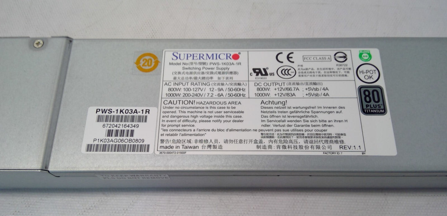 Supermicro PWS-1K03A-1R 672042164349 1000W 1U Redundant 80 Plus Power Supply