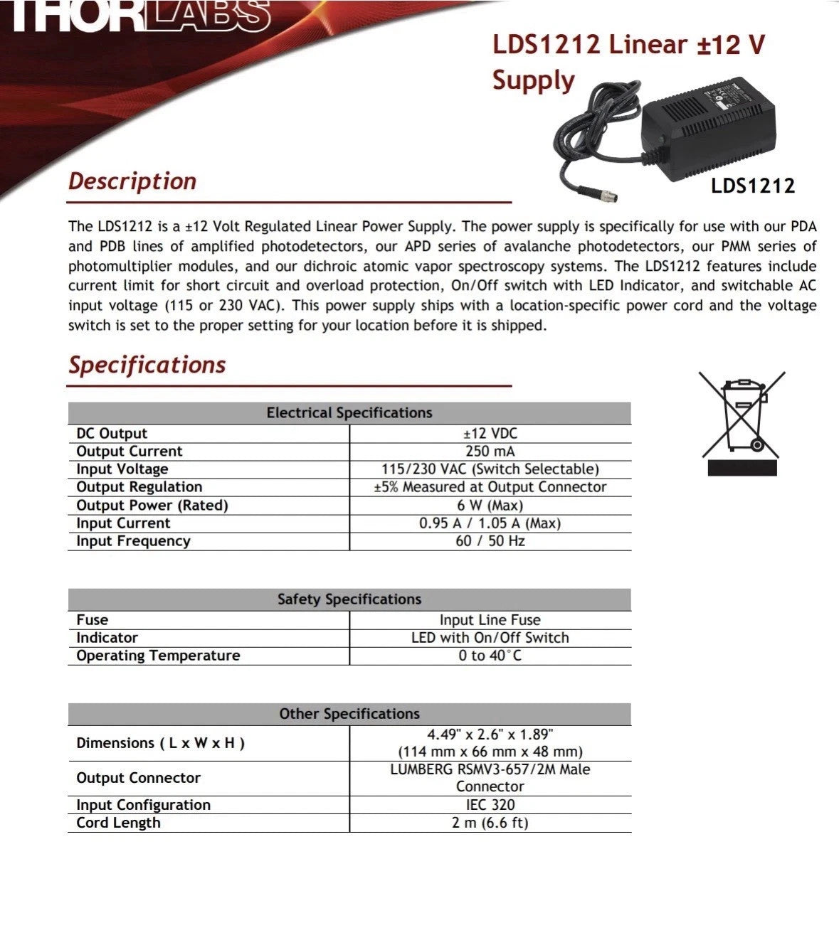 Thorlabs LDS1212  ±12 VDC/0.25A  PART NO. GS-1121  GT-51084-12N12 Power supply