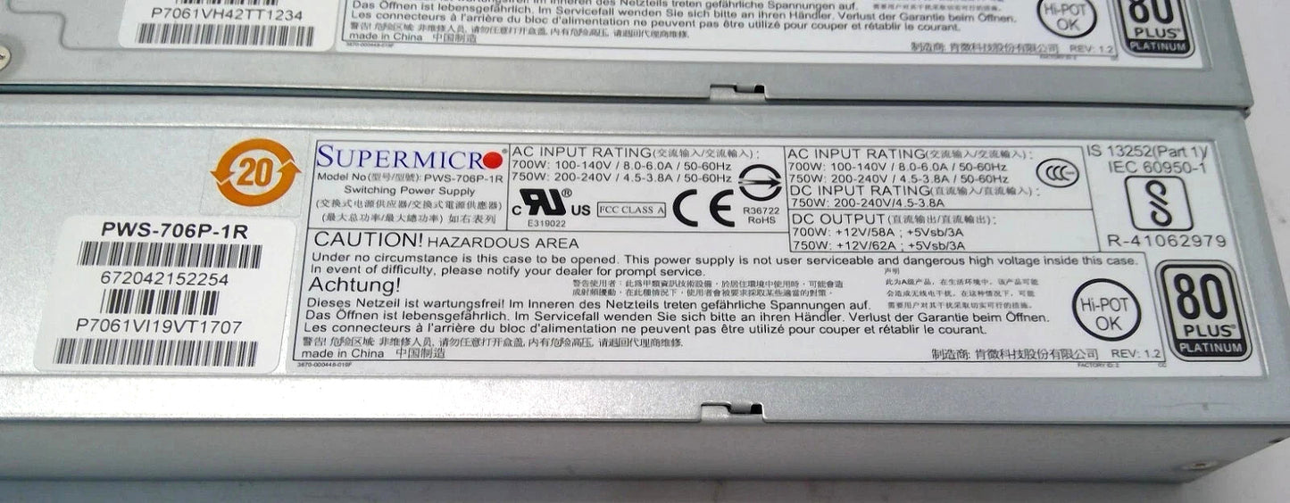 Lot of 2 Supermicro PWS-706P-1R 750W 80+ Platinum Switching Power Supply Unit
