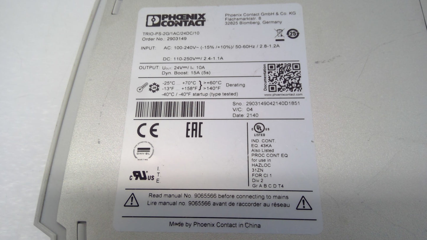 Phoenix Contact 2903149 TRIO-PS-2G/1AC/24DC/10 Power Supply 10A 24VDC