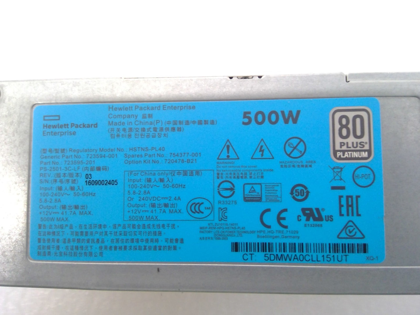 HP 500W Platinum Power PSU HSTNS-PL40 723594-001  ProLiant DL360 DL380 ML350 G9