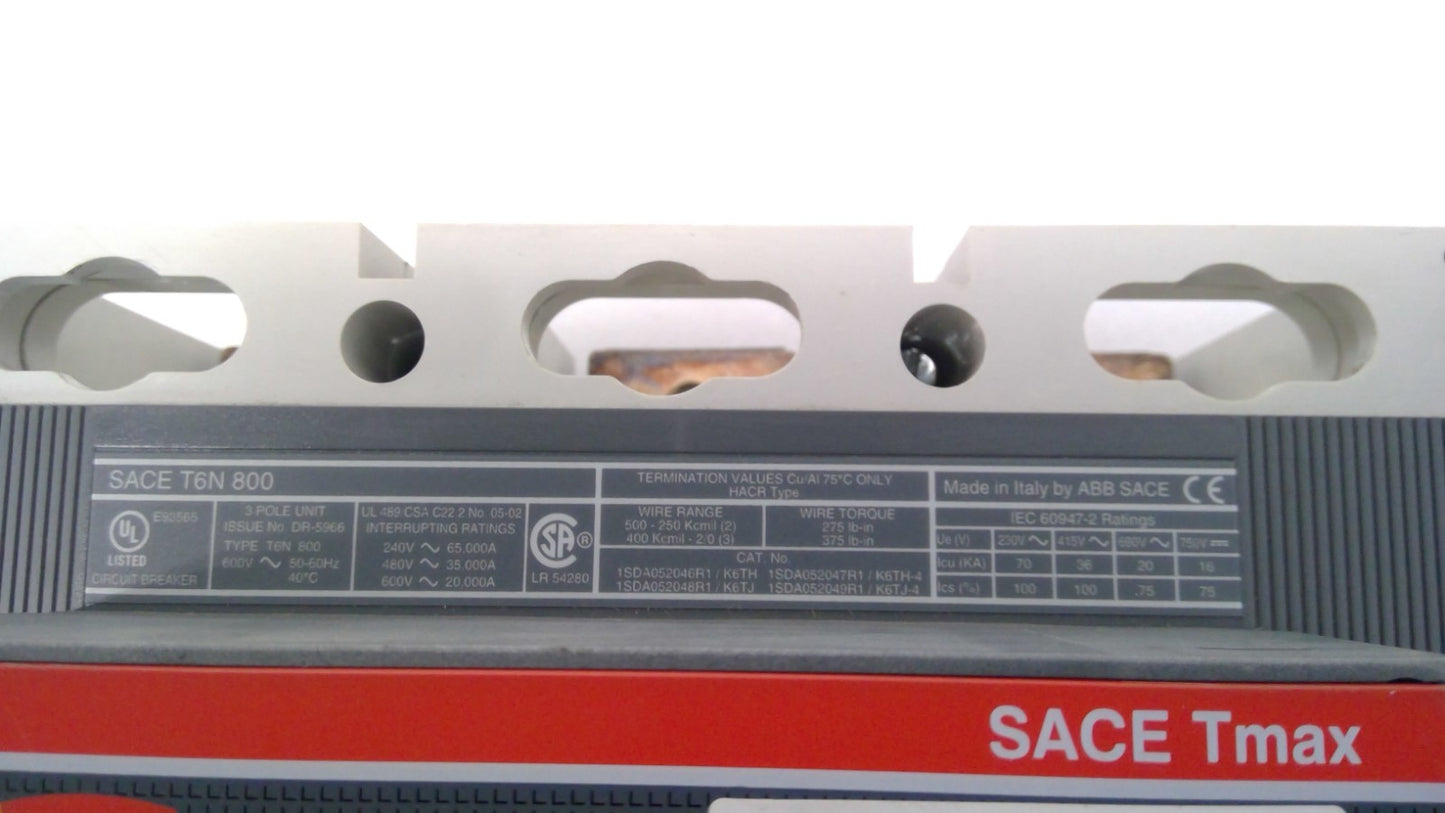 ABB SACE Tmax T6N 800 Circuit Breaker 800A 3P 600V 3PH PR221DS LS/I 800 Amp