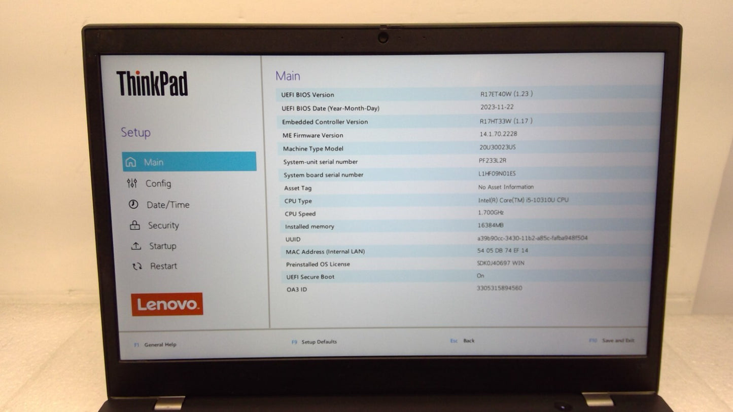 Lenovo ThinkPad L15 G1 15.6"LT i5-10310U@1.7GHz 16GRAM No HDD/Battery/BIOS Locke
