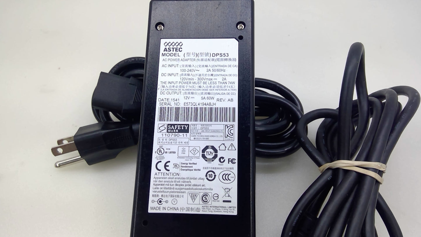 GENUINE ASTEC DPS53 60W AC POWER ADAPTER 12V 5A W/Power Cord