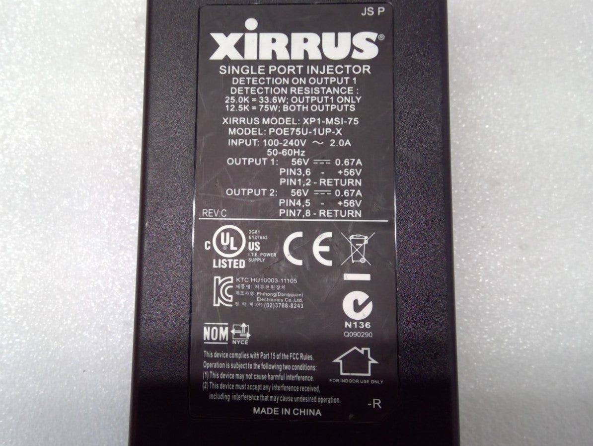 Xirrus XP1-MSI-75 POE75U-1UP-X Single Port Injector 2 Output PoE w/ cable