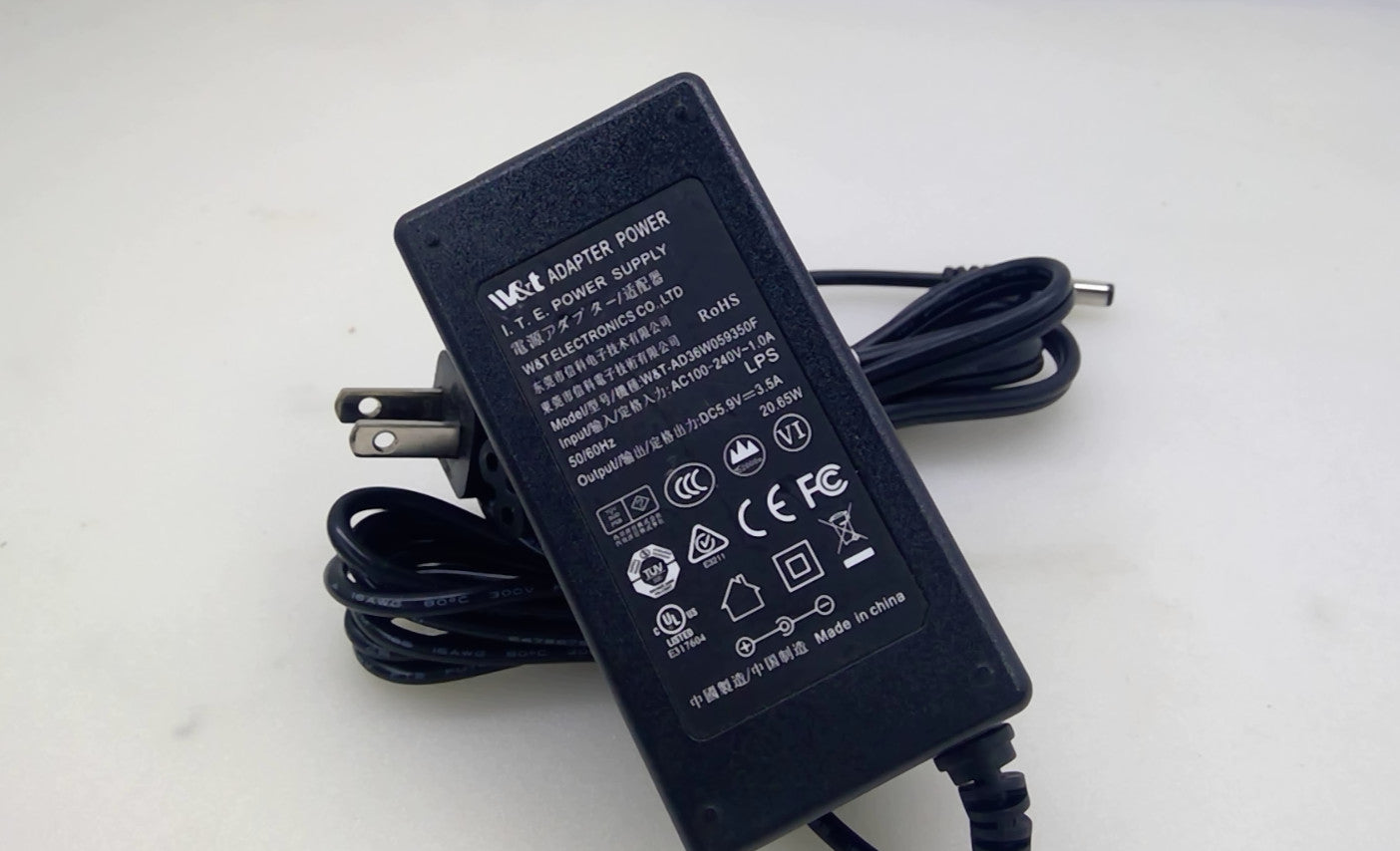 W&T W&T-AD36W059350F AC/DC  Power Adapter 5.9V DC 3.5A 20.65W  w/Power Cord