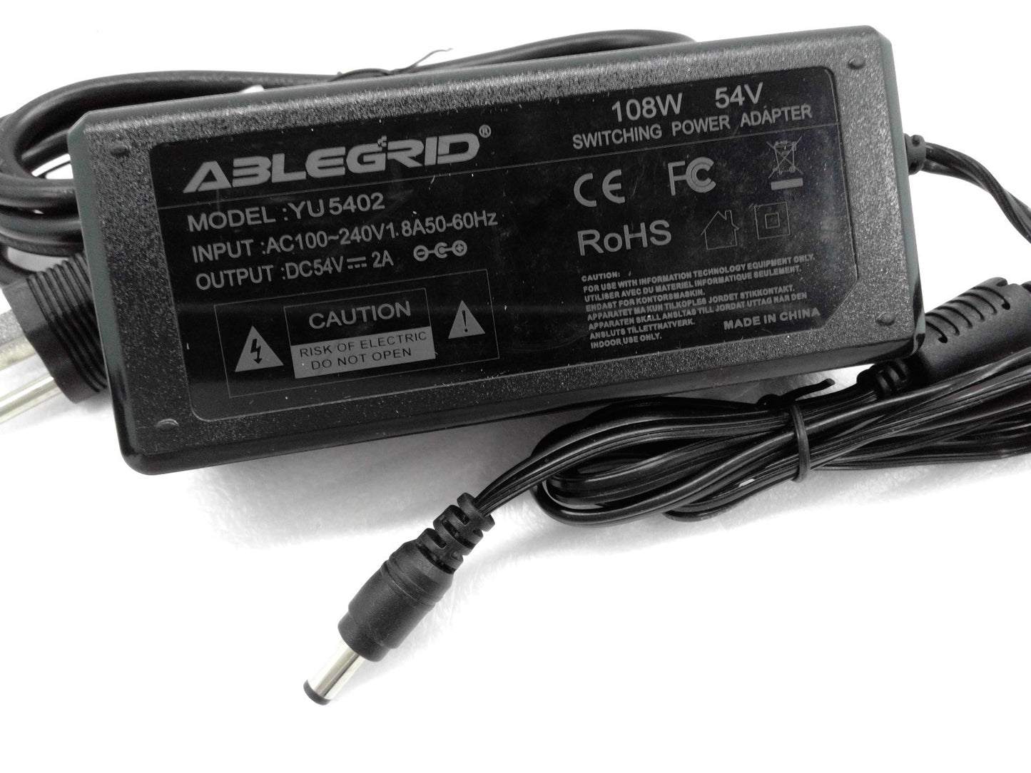 ABLEGRID YU5402 AC 100V-240V Adapter Charger DC 54V 2A 108W 5.5mm*2.5mm