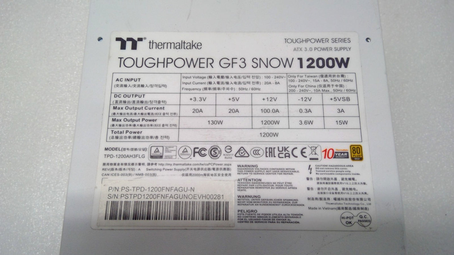 THERMALTAKE TOUGHPOWER GF3 SNOW 1200W 80 Plus Gold Modular ATX Power Supply