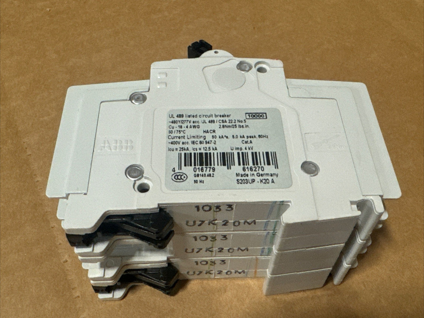 ABB S203U-K20A Circuit Breaker, 20 Amp, 240Vac, 3-Pole, UL489, DIN Rail Mount