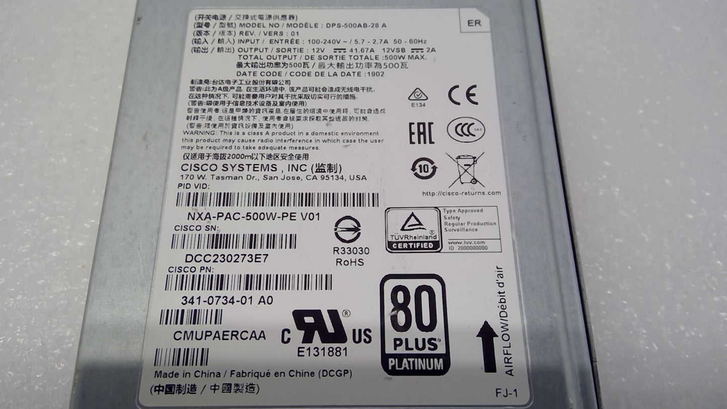 CISCO NXA-PAC-500W-PE 500W Nexus N9K PS-2501-6SA AC Power Supply *READ*