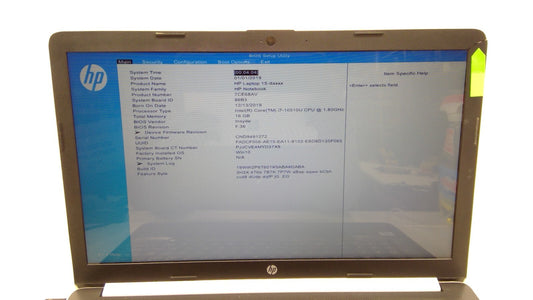 HP Laptop 15-da200 i7-10510U@1.8GHz 16G RAM No HDD/Battery( 1366 x 768)B13*Read*