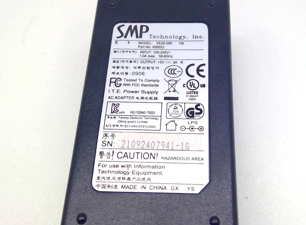SMP VE20-050 1G AC/DC Power Adapter 5V 3A 15W Part No. 450023