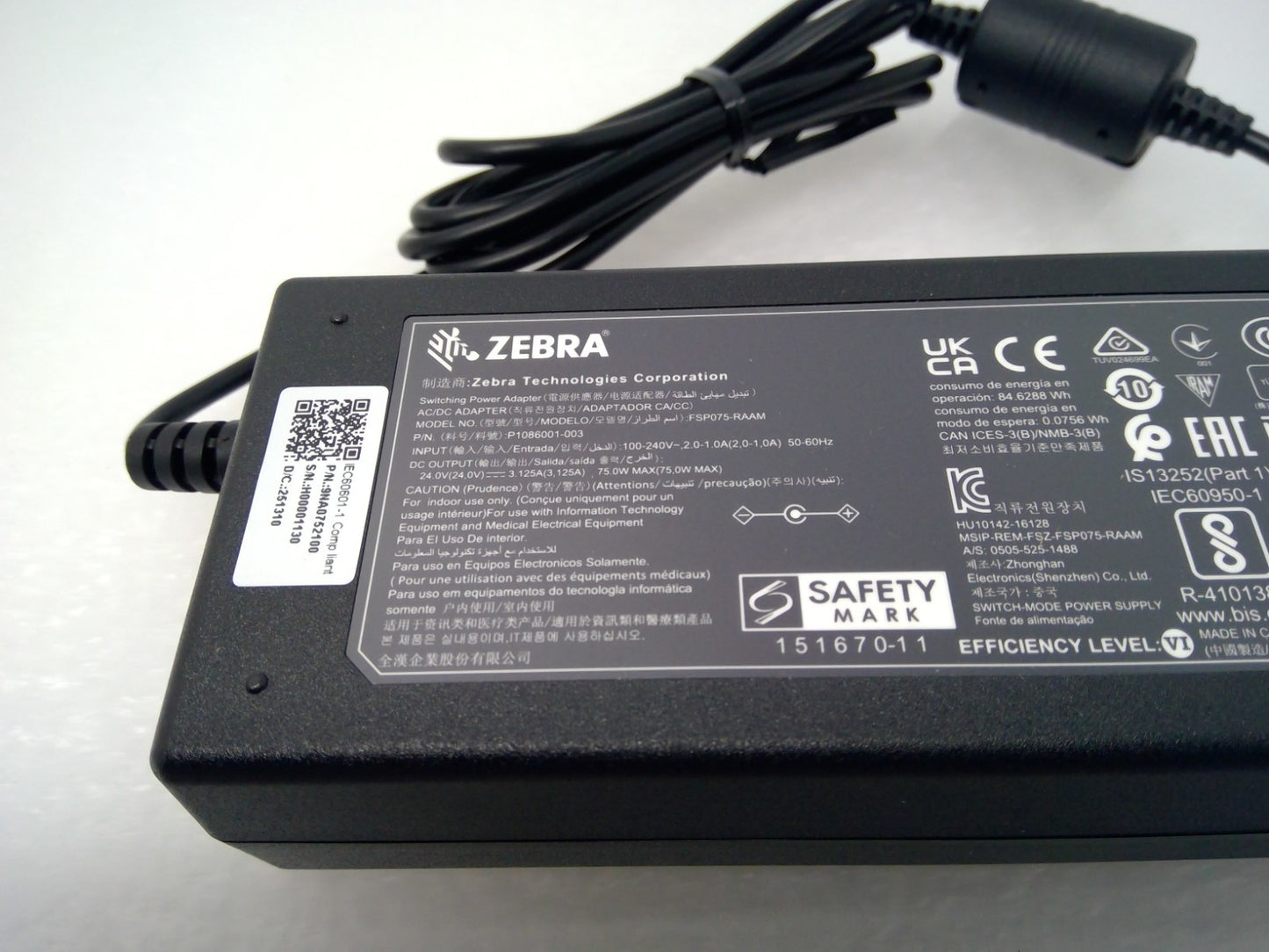 NEW ZEBRA FSP075-RAAM P1076001-003 AC Adapter Power Supply 24V 3.125A 75W