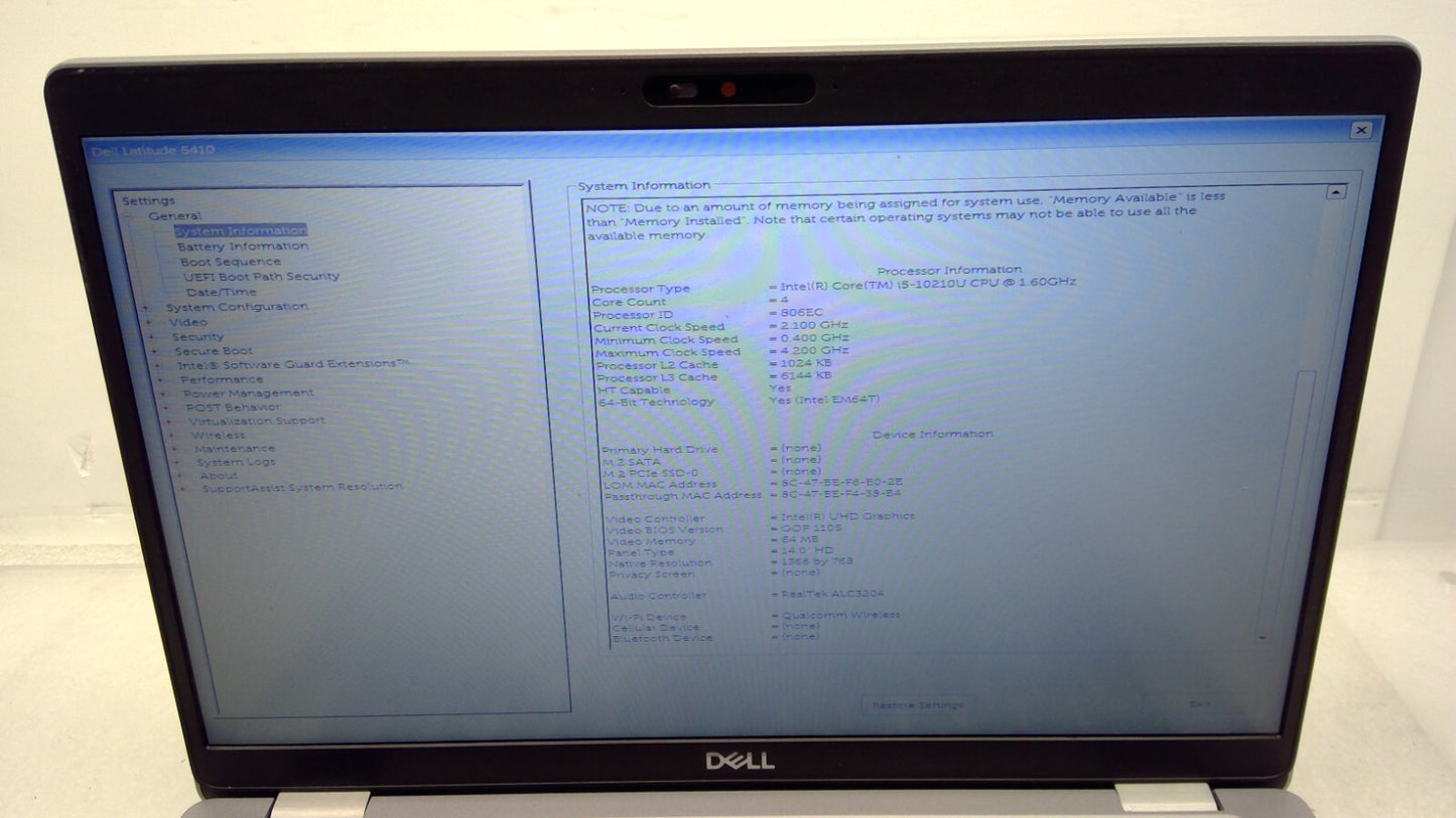 *READ* Dell Latitude 5410 14" LT i5-10210U@1.60Ghz 16G RAM No HDD/Battery/Cover