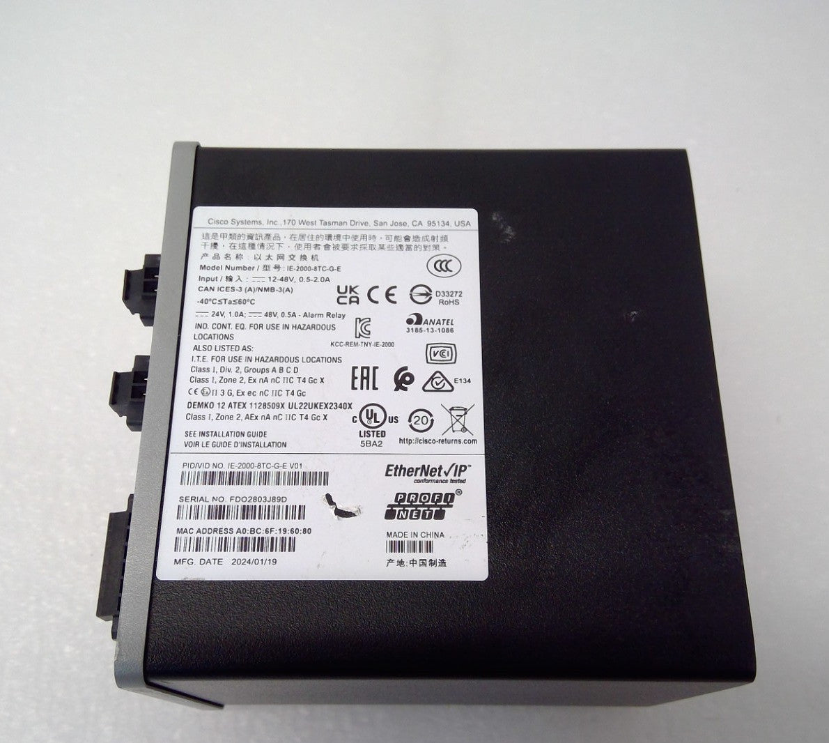 Cisco IE-2000-8TC-G-E Industrial Ethernet Switch 2000 Series * No rear cover*