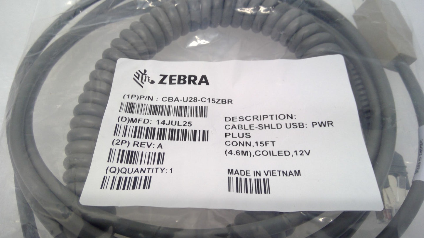 NEW Zebra CBA-U28-C15ZBR Powered USB 12V TO RJ45 15FT(4.6M) COILED CABLE
