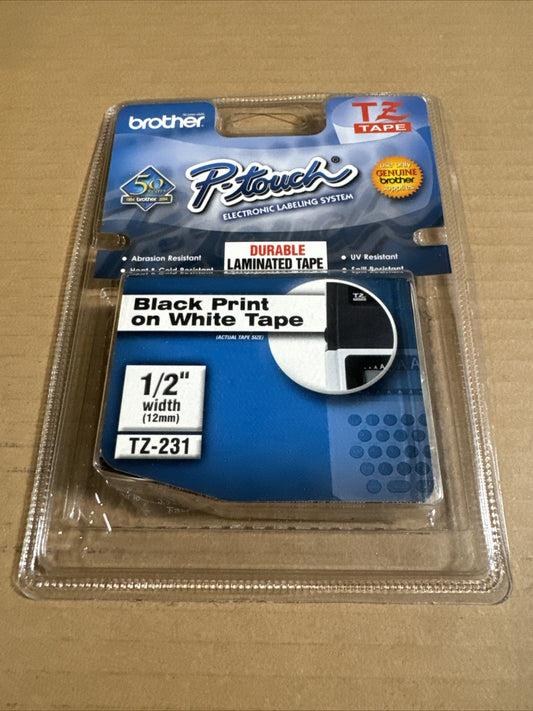 NWT Brother TZ231 P-touch Label Tape 1/2" BLACK Print on WHITE Sealed in Package