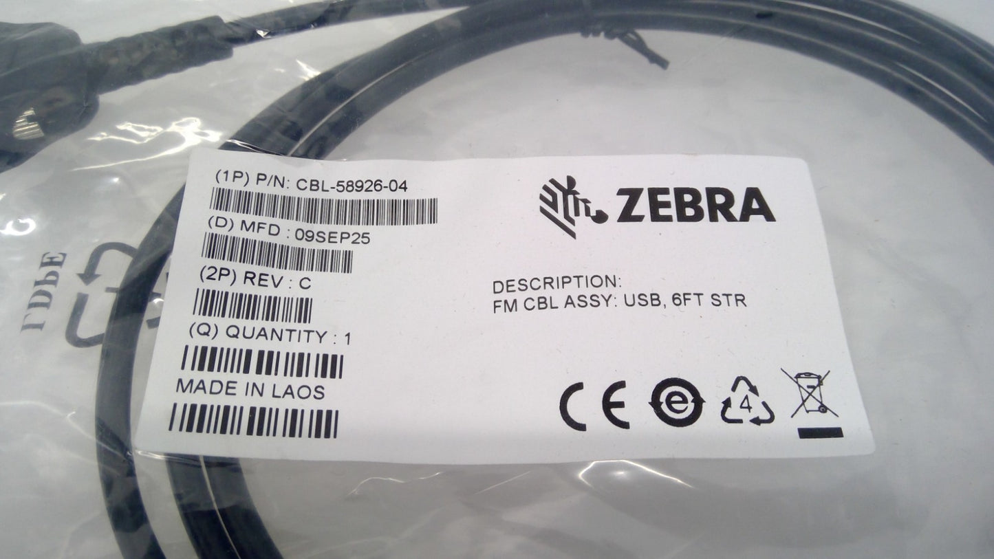 NEW ZEBRA CBL-58926-04 USB 6FT STR Cable