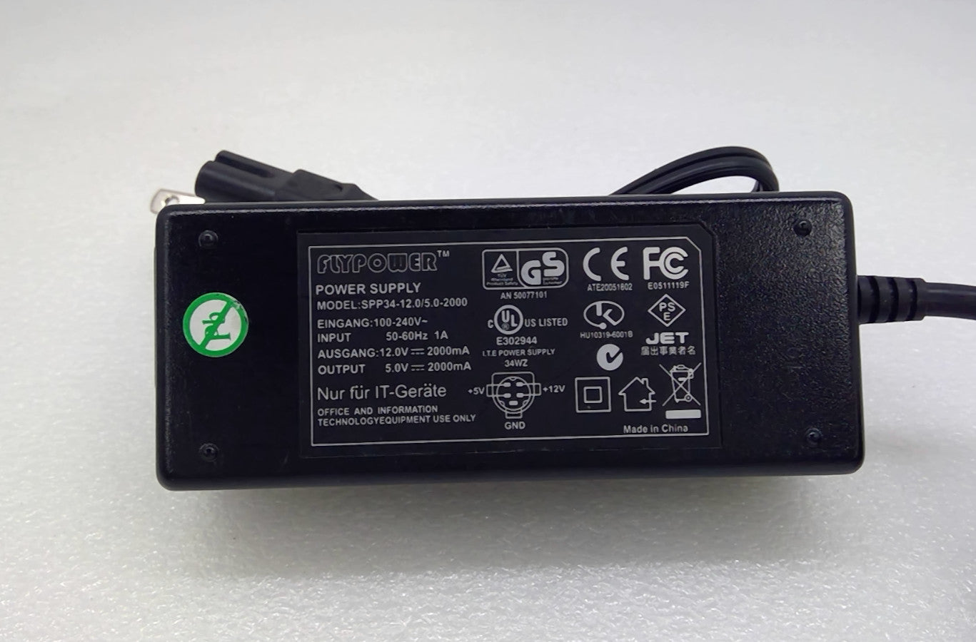 Flypower SPP34-12.0/5.0-2000 Power Supply Adapter 12V 5V 4-Pin DIN Output