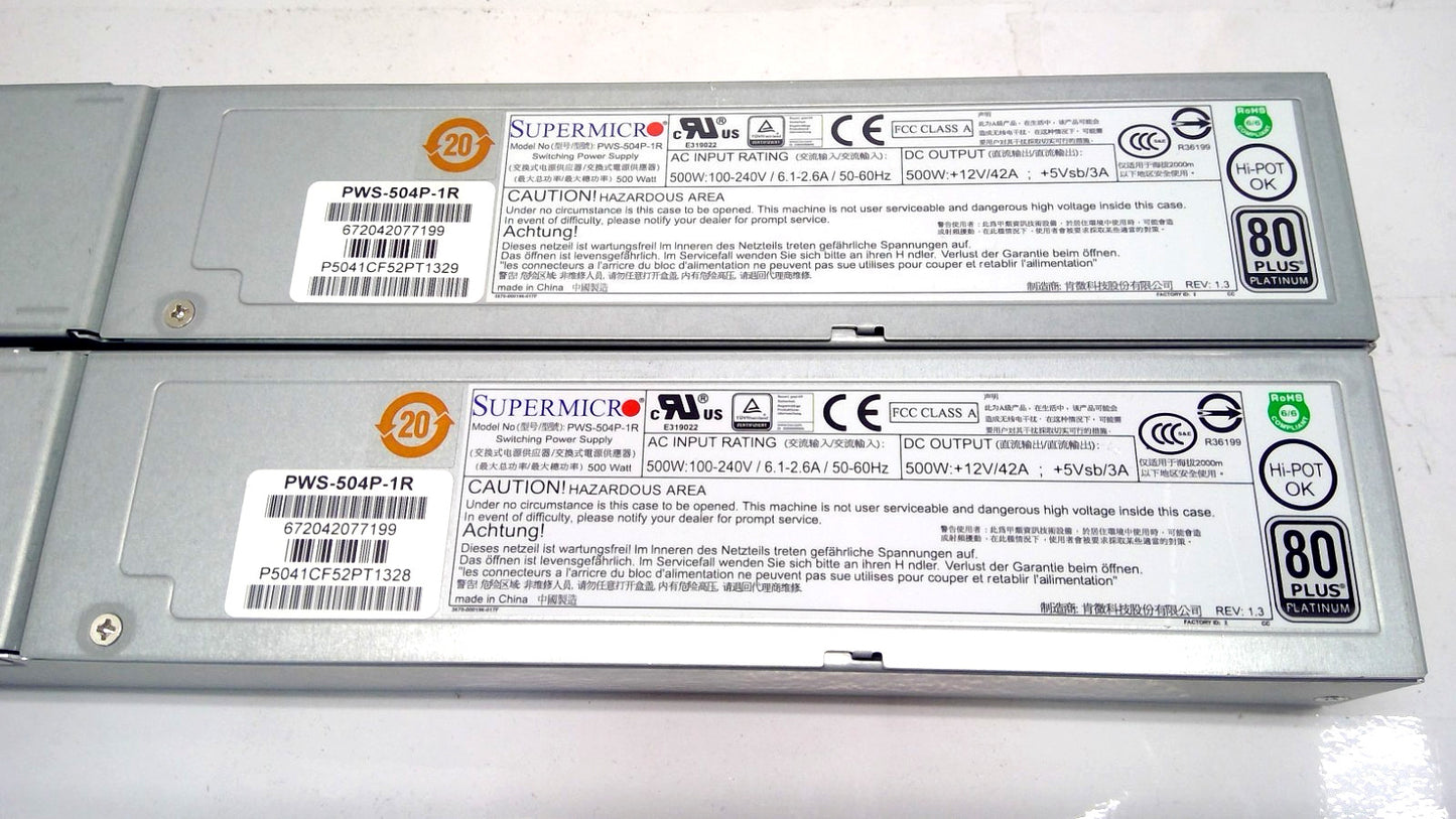 *Lot of 2* SuperMicro PWS-504P-1R  500W 80Plus Platinum Switching Power Supply
