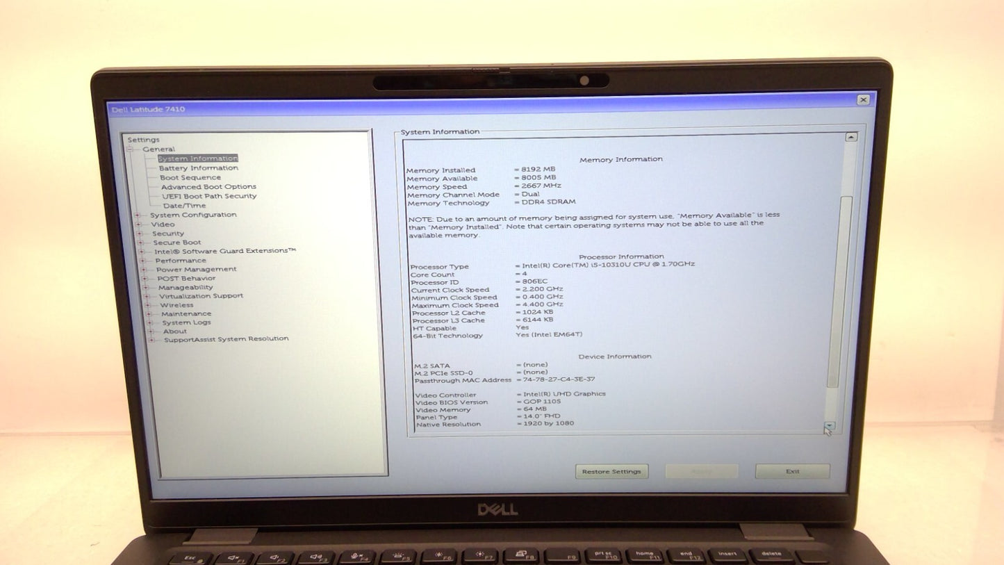 *Read* Latitude 7410 i5-10310U 1.70GHz 16GB RAM 256 SSD *NO SSD/NO Battery