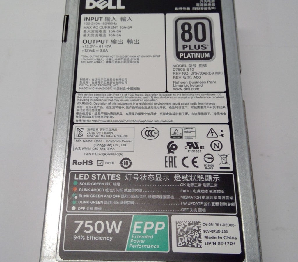 Dell R17R1 0R17R1 750W EPP AC D750E-S10 Airflow Ethernet S series power supply