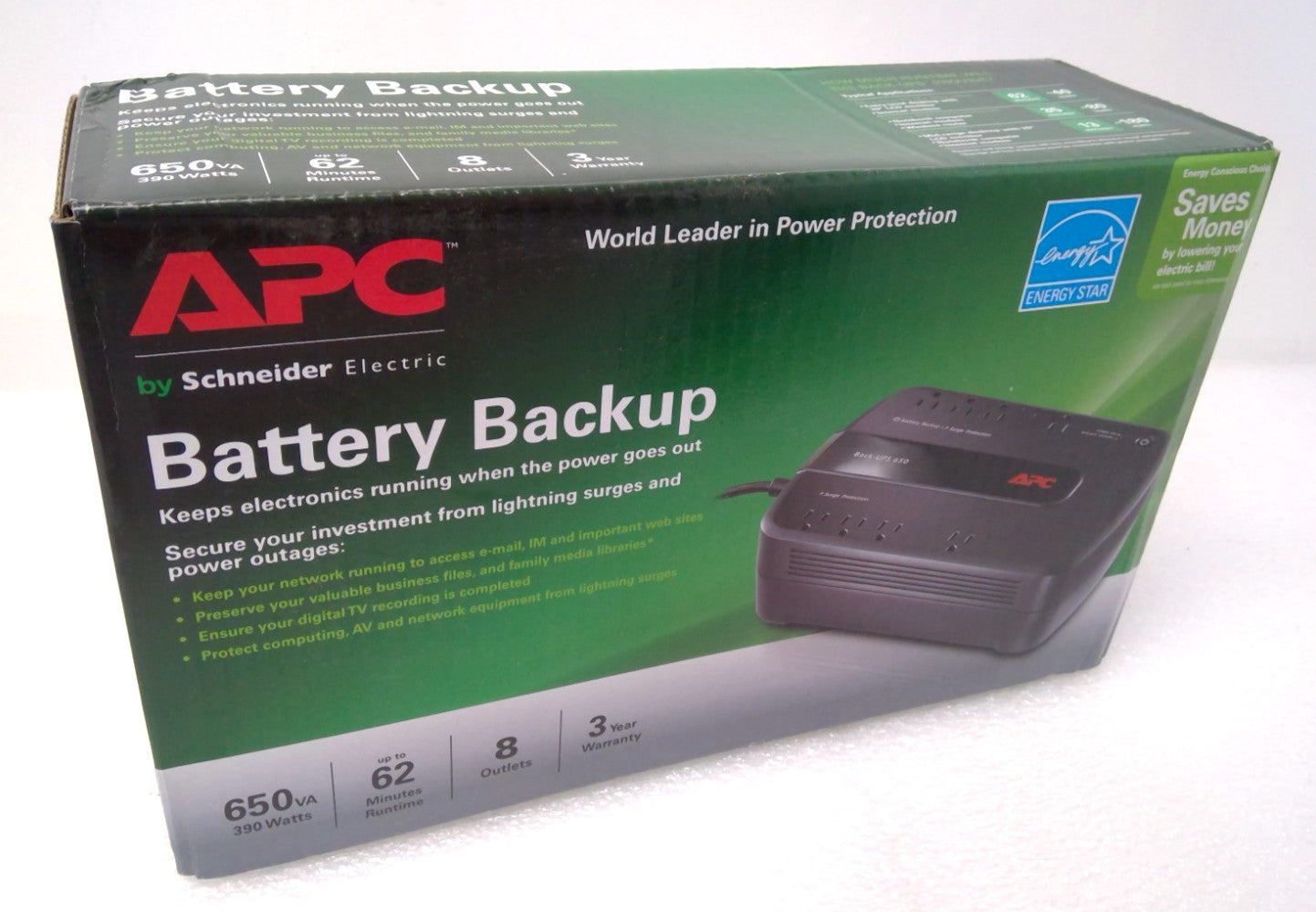 APC Back-UPS 650VA BE650G1 650VA 390W Battery Backup &Surge Protector 8 Outlets