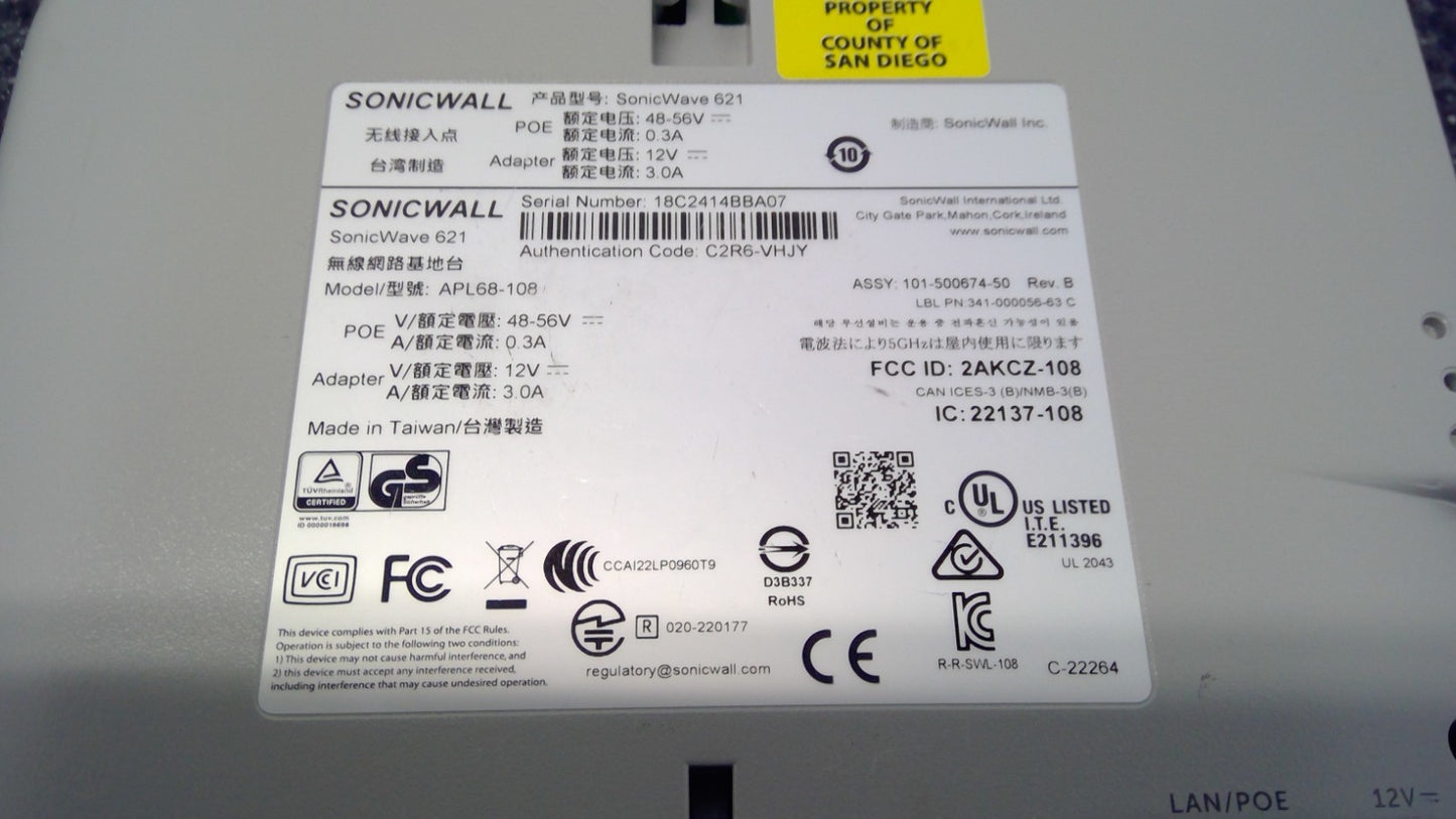 SONICWALL SONICWAVE 621 APL68-108 WIRELESS ACCESS POINT WIFI AP
