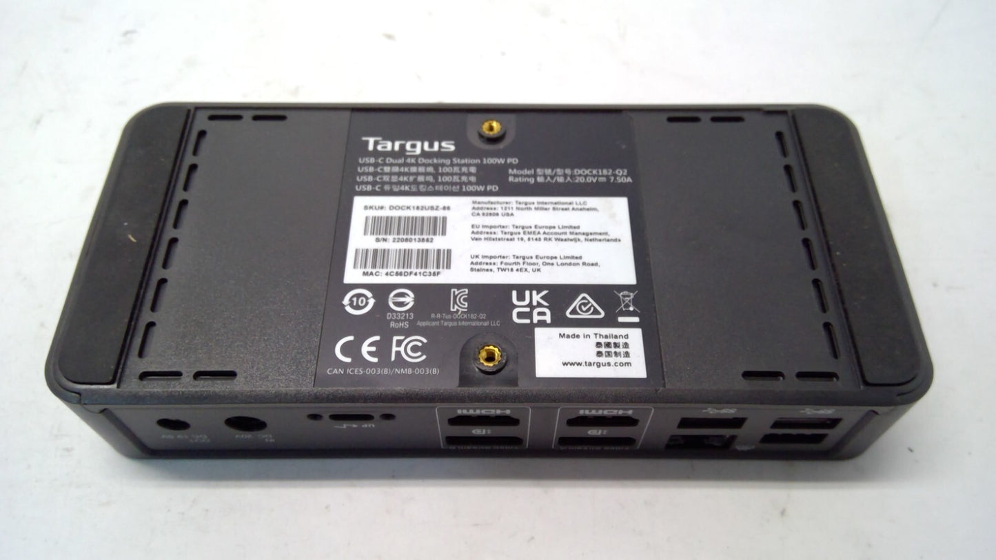 Targus DOCK182-Q2 USB-C Dual 4K 60Hz UHD Docking Station 100W PD